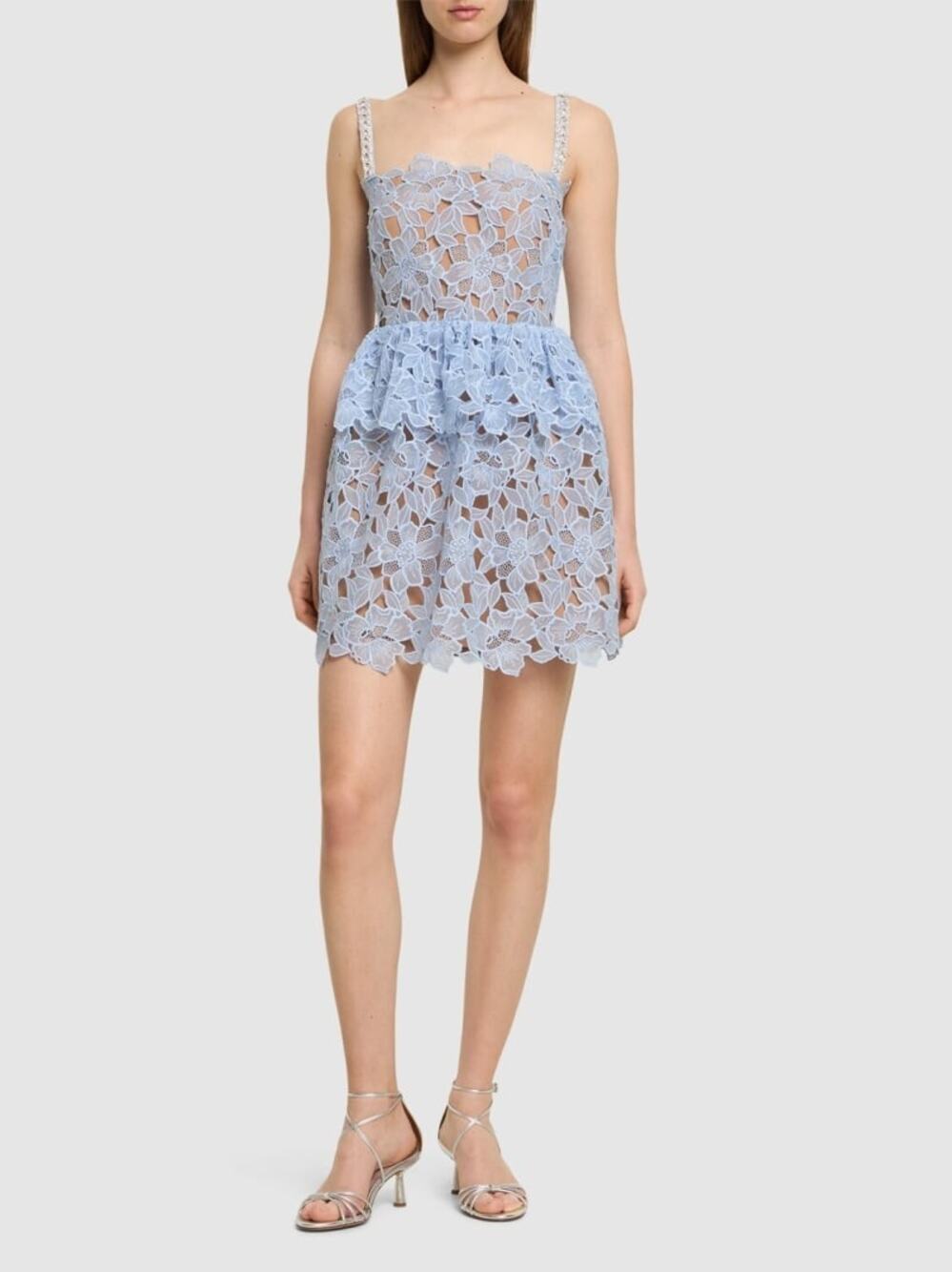 SELF-PORTRAIT Organza Guipure Lace Mini Dress Light Blue Size 2 EUC Retail $403